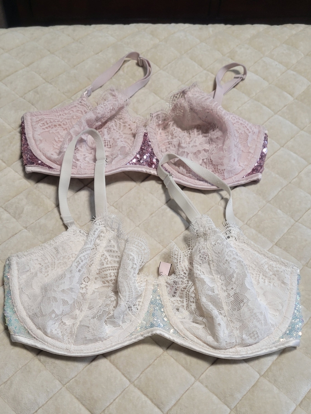2 Victoria's Secret Push-Up w/o padding Cream & Pale Pink Bra w/sequin accent